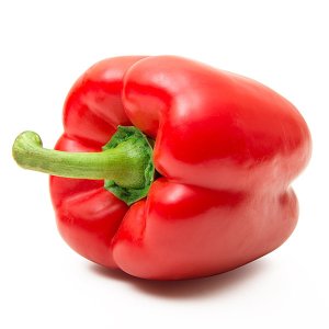 En elegant Paprika röd, Närodlad röd paprika med naturligt utseende och känsla. Detaljerad utformning med realistiskt bladverk. 