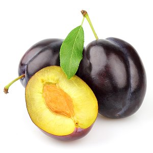 En elegant Plommon röda, Röda och saftiga plommon med naturligt utseende och känsla. Detaljerad utformning med realistiskt bladverk. 